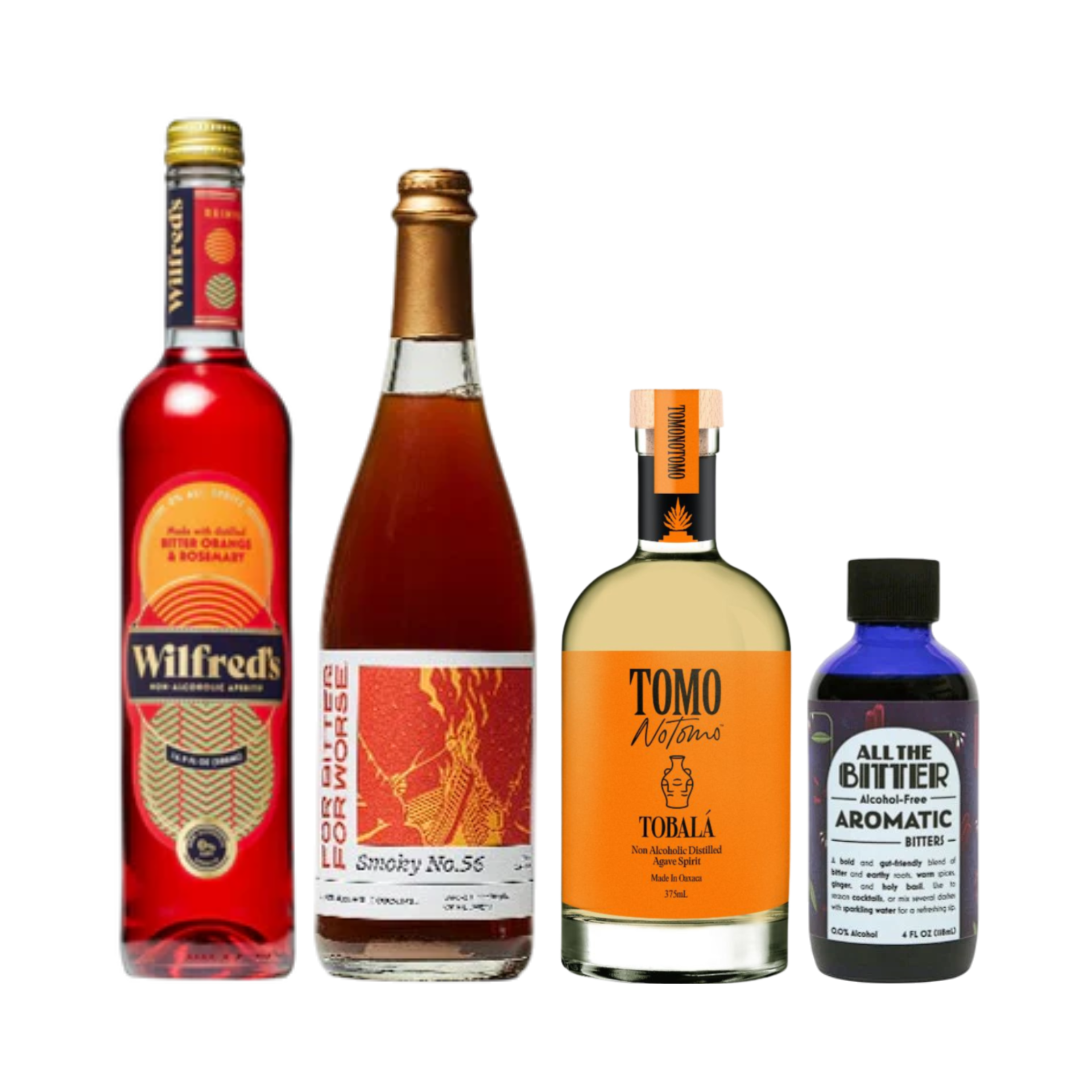 4 bottles that together create a Non-Alcoholic Mezcal Negroni