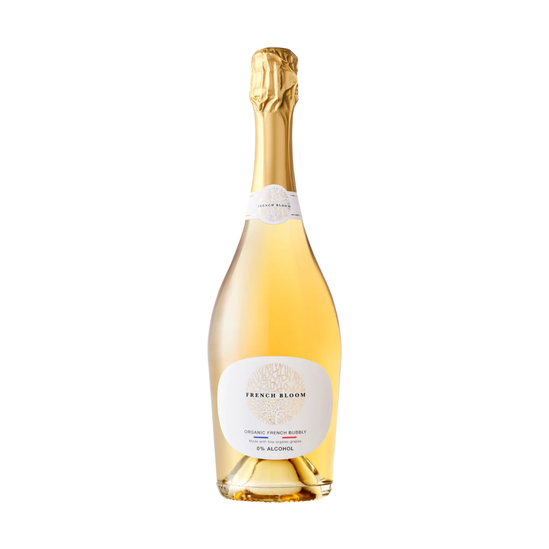 Bottle of French Bloom sparkling wine on a white background