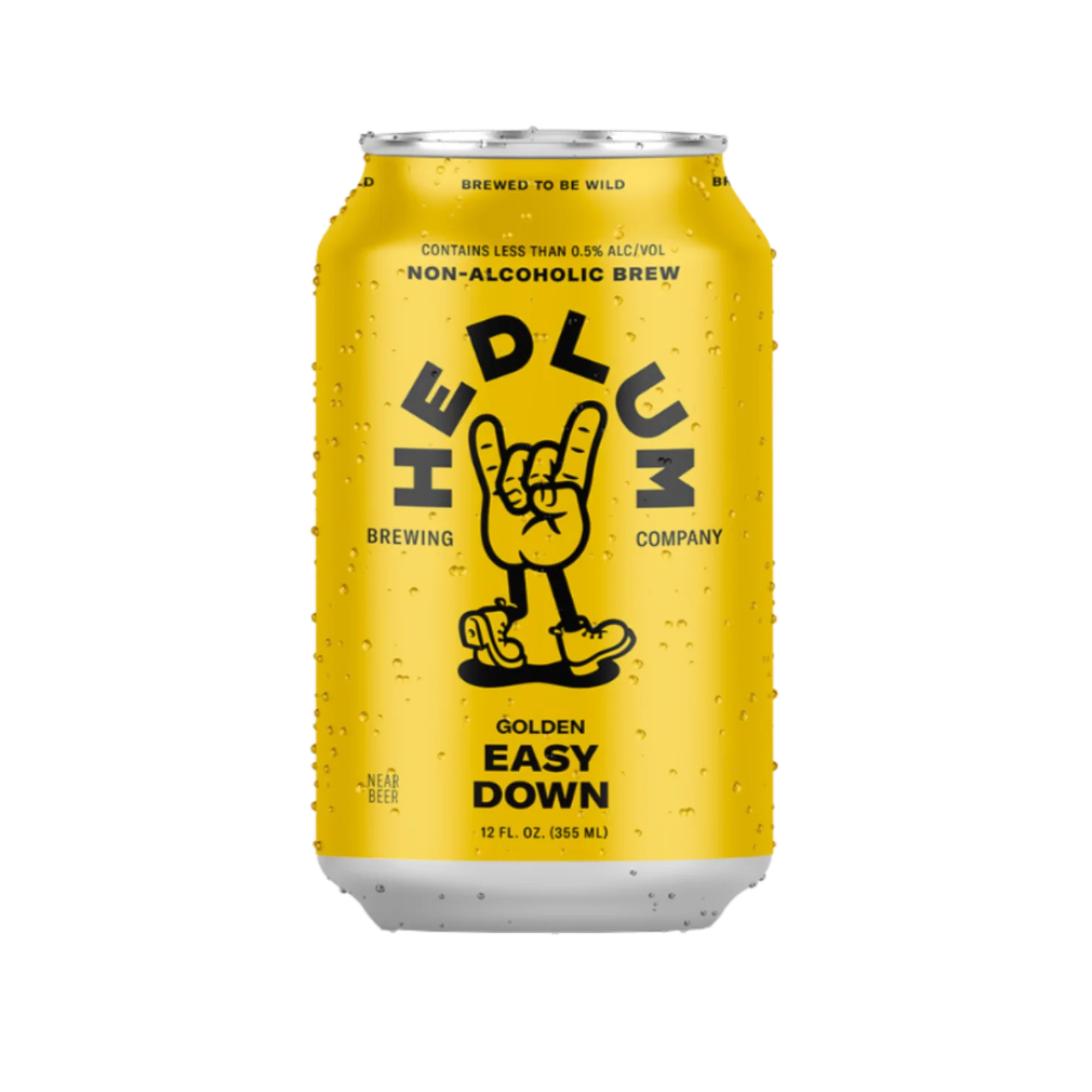 Yellow can of Hedlum Brewing Company non-alcoholic brew on a white background