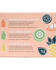 Box with illustrations and text describing different fruit-based mixers on a white background