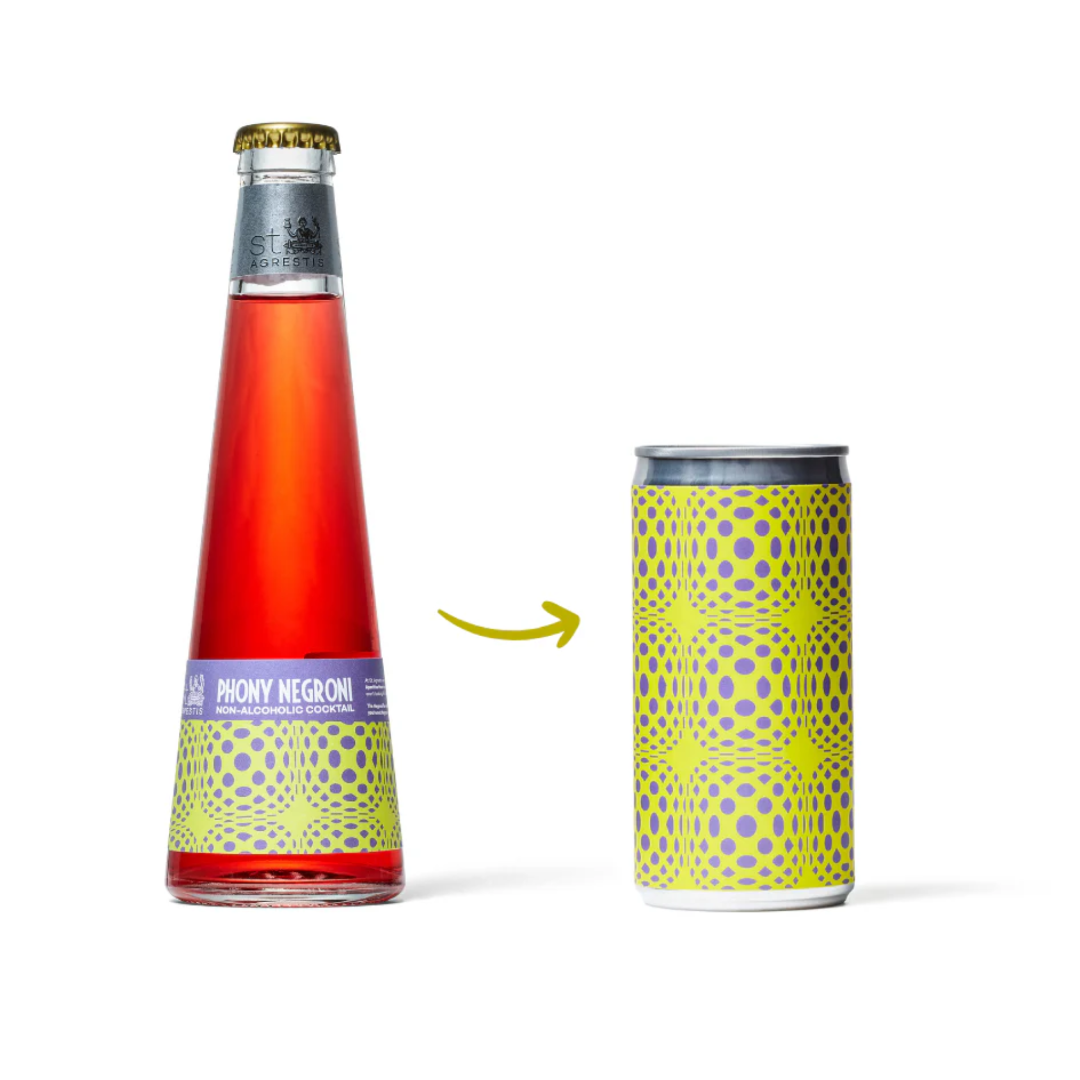 Bottle of Phony Negroni being converted into a can on a white background - Boisson