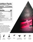Nutrition facts label and ingredients list for a product with a triangular design and 'Three Spirit' branding.