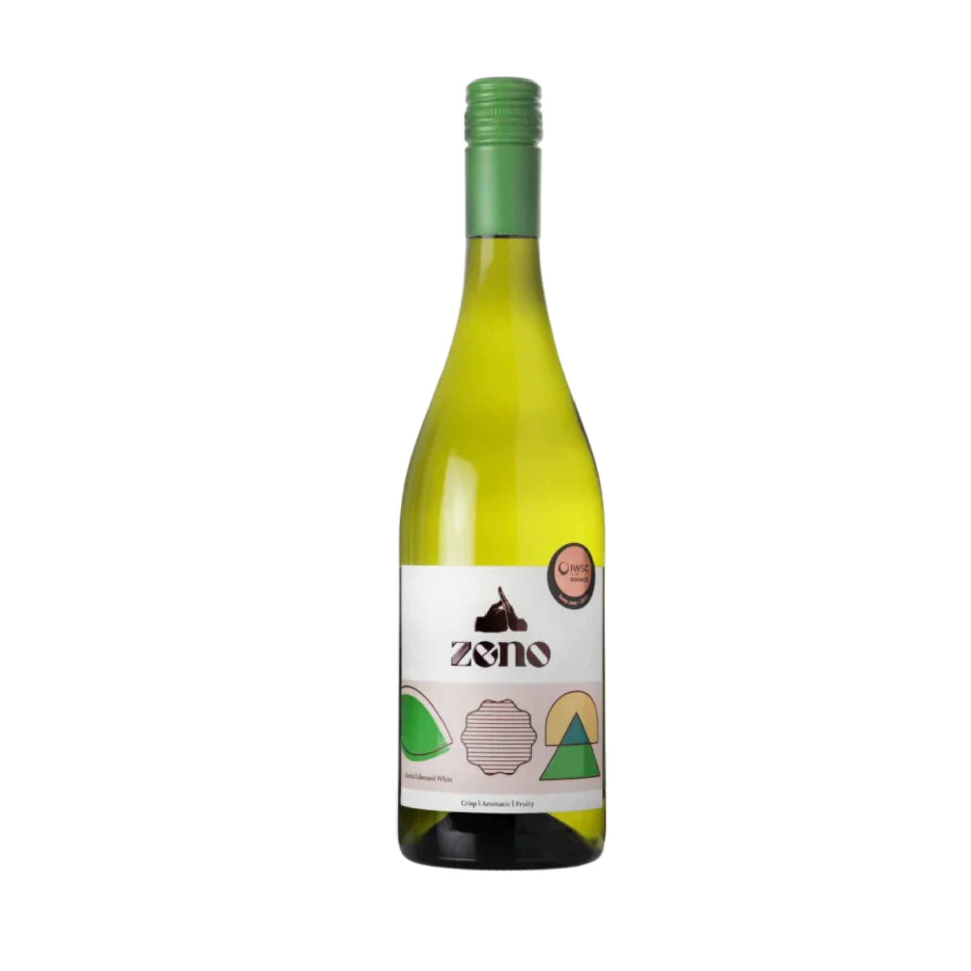 Wine bottle with a green cap and colorful label on a white background