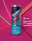 A can of Domo amongst a pink background and caloric info