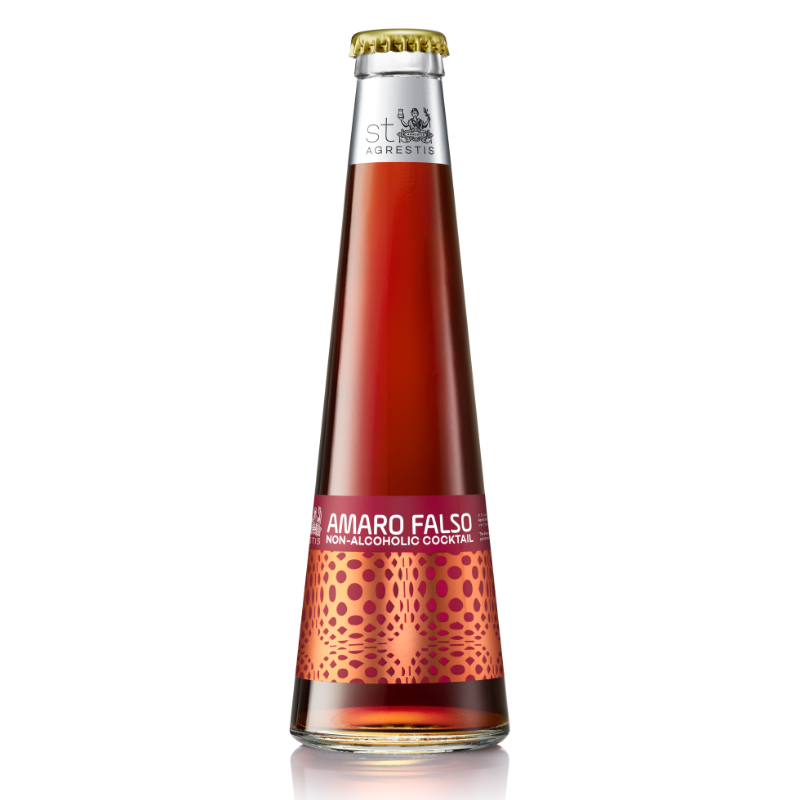Bottle of Amaro Falso non-alcoholic cocktail on a white background