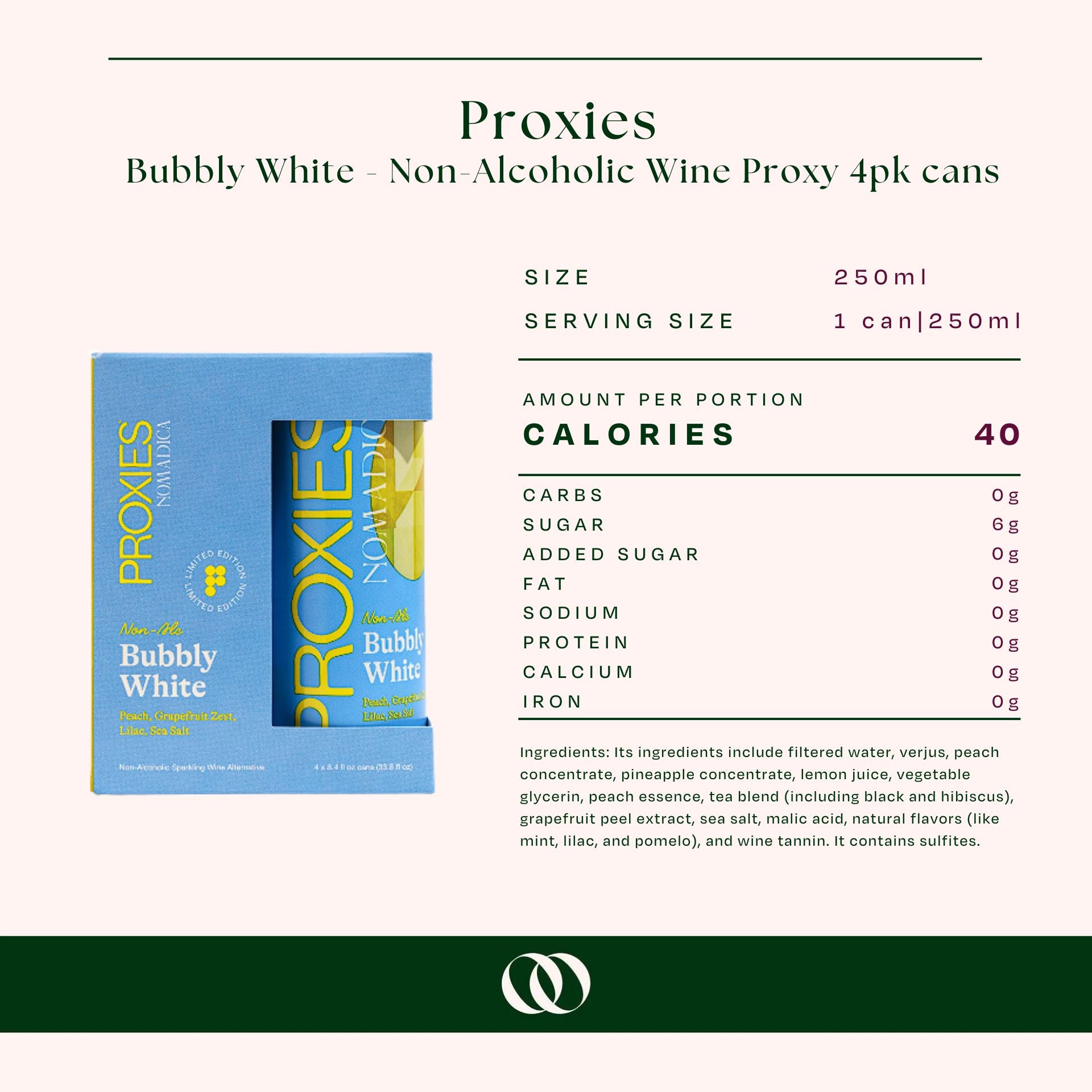 Proxies - Bubbly White - Non-Alcoholic Wine Proxy 4pk cans - Nutrition