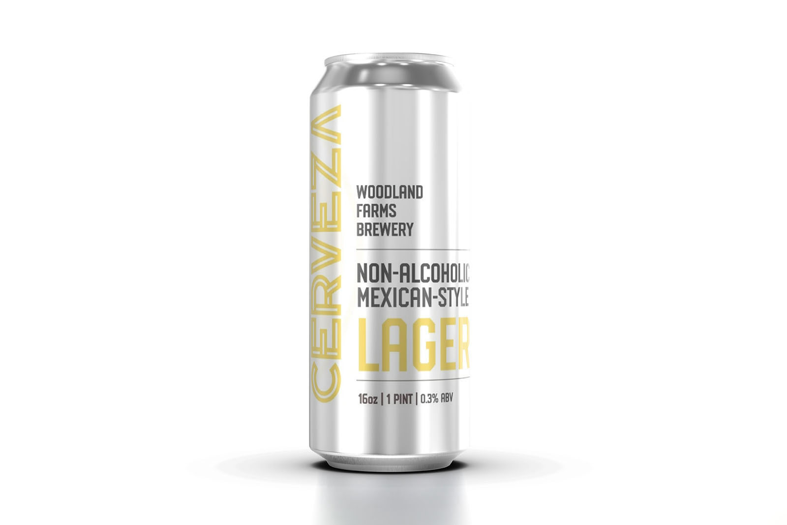 Silver can of Woodland Farms Brewery non-alcoholic Mexican-style lager on a white background