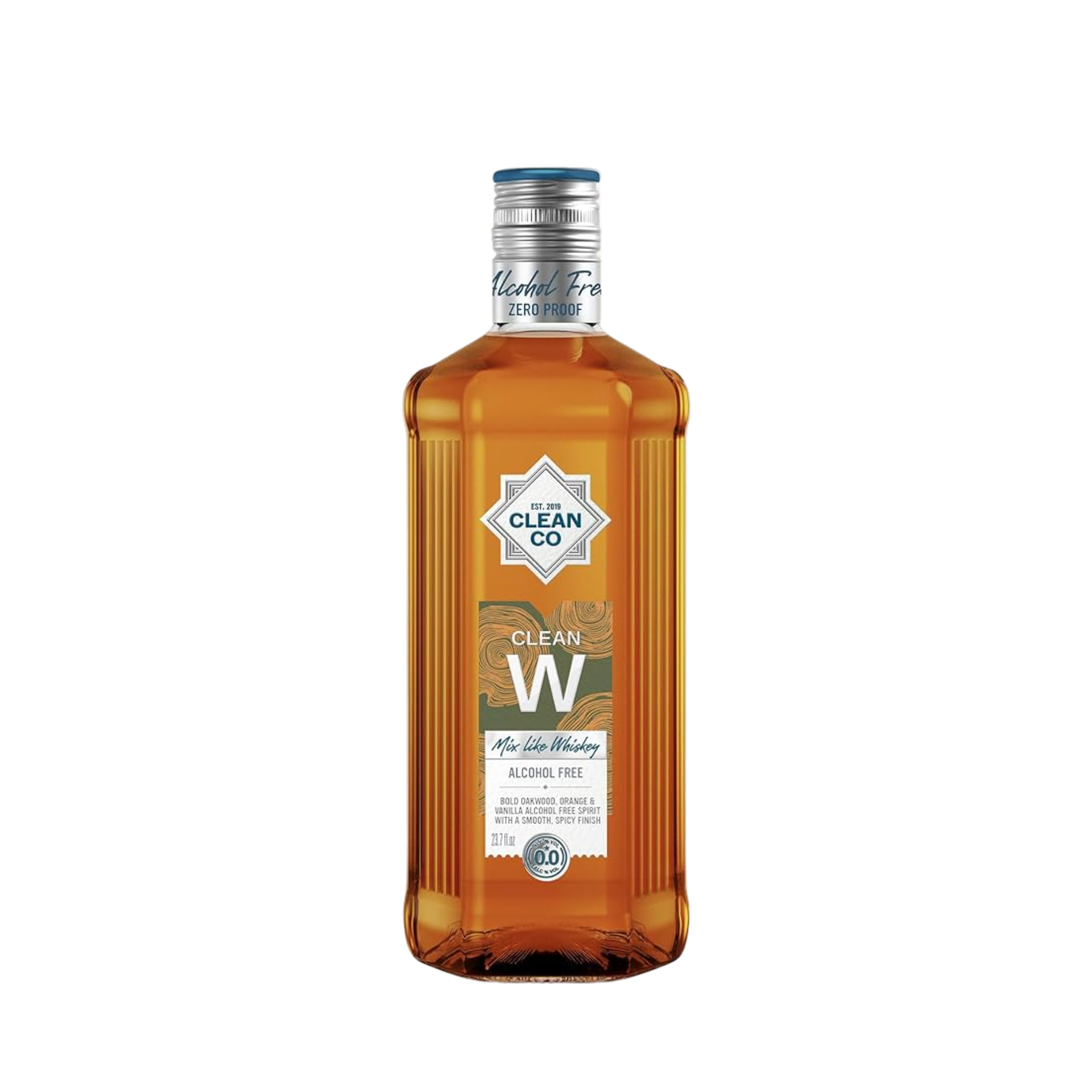 Bottle of Clean W alcohol-free whiskey on a white background
