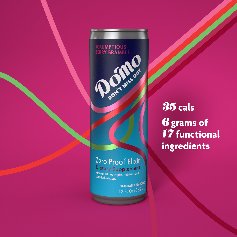 a can of domo amongst a pink background with caloric info
