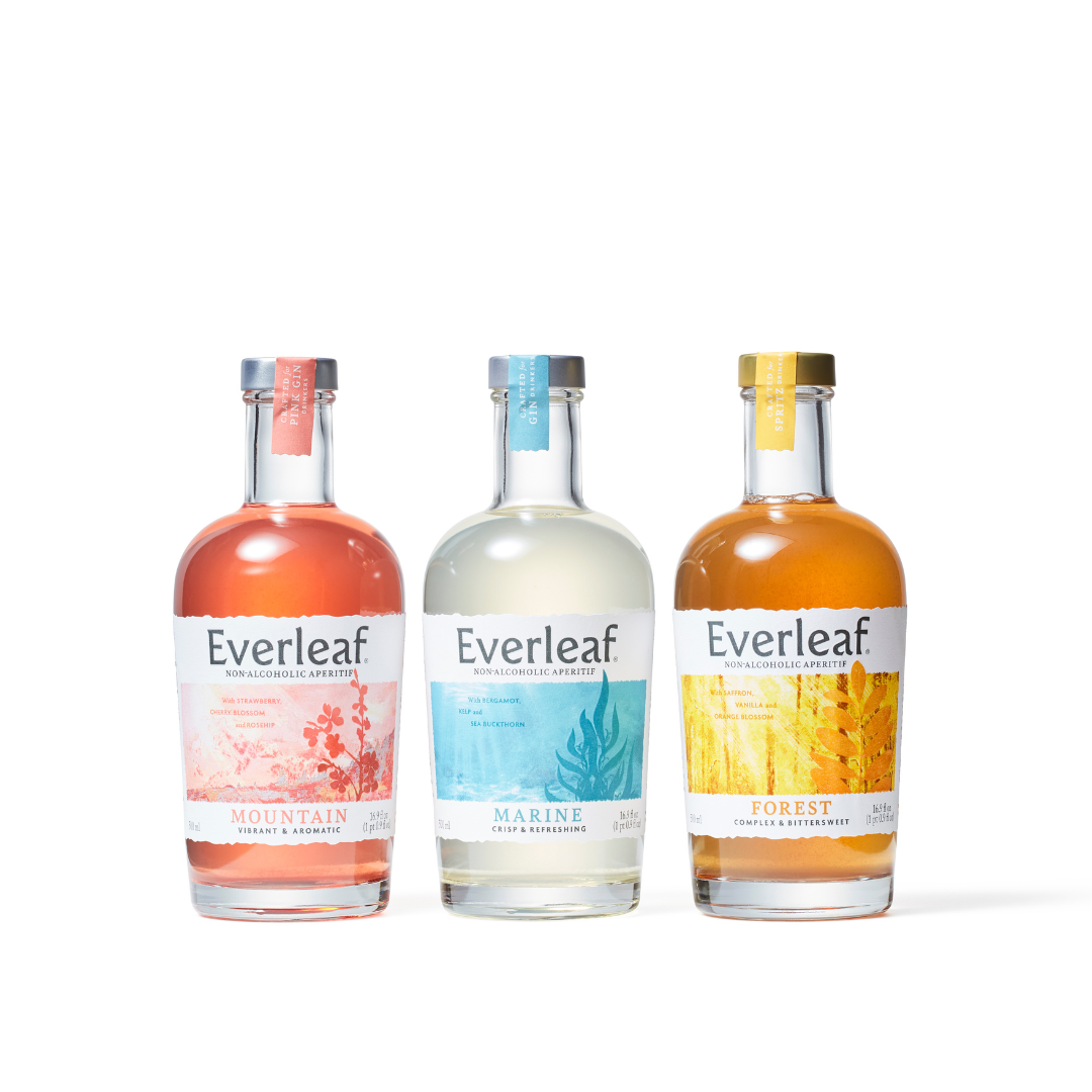 Three Everleaf bottles with different colored liquids on a white background