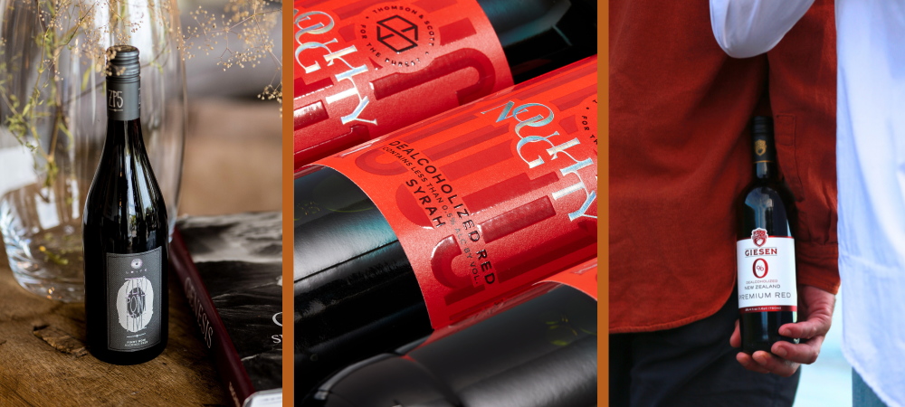 triptych of a wine bottle on a table, a close up of wine labels, and someone holding a bottle of wine at their side 