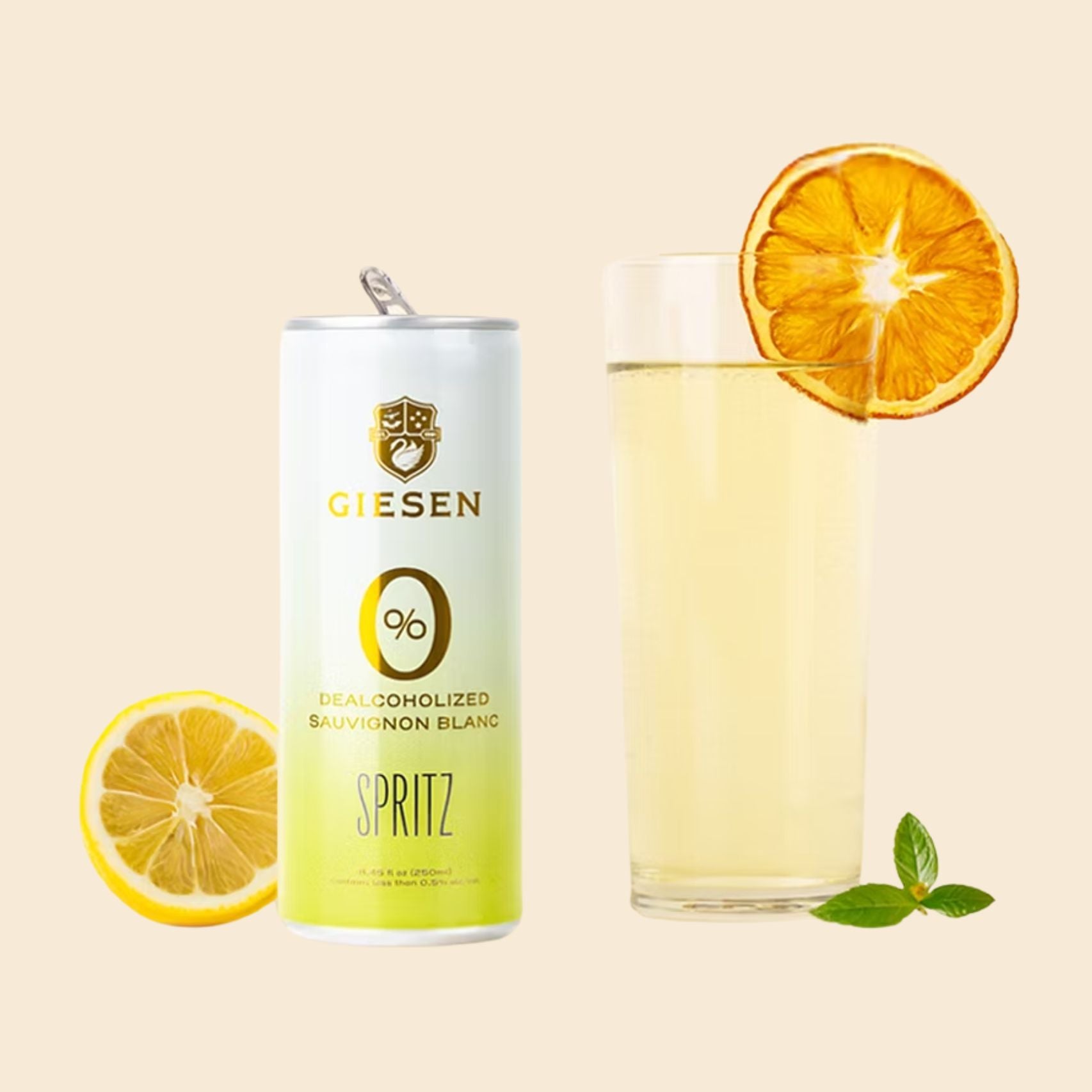 Cans and glass of Giesen Spritz with lemon and orange slices on a beige background - Giesen Sauv Blanc can 
