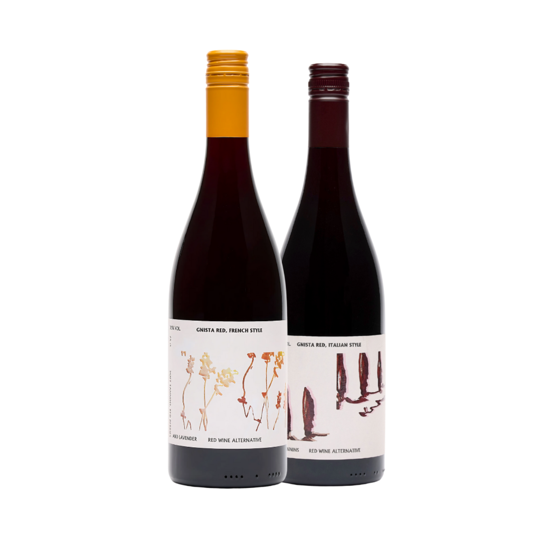 Two Gnista red wine bottles on a transparent background