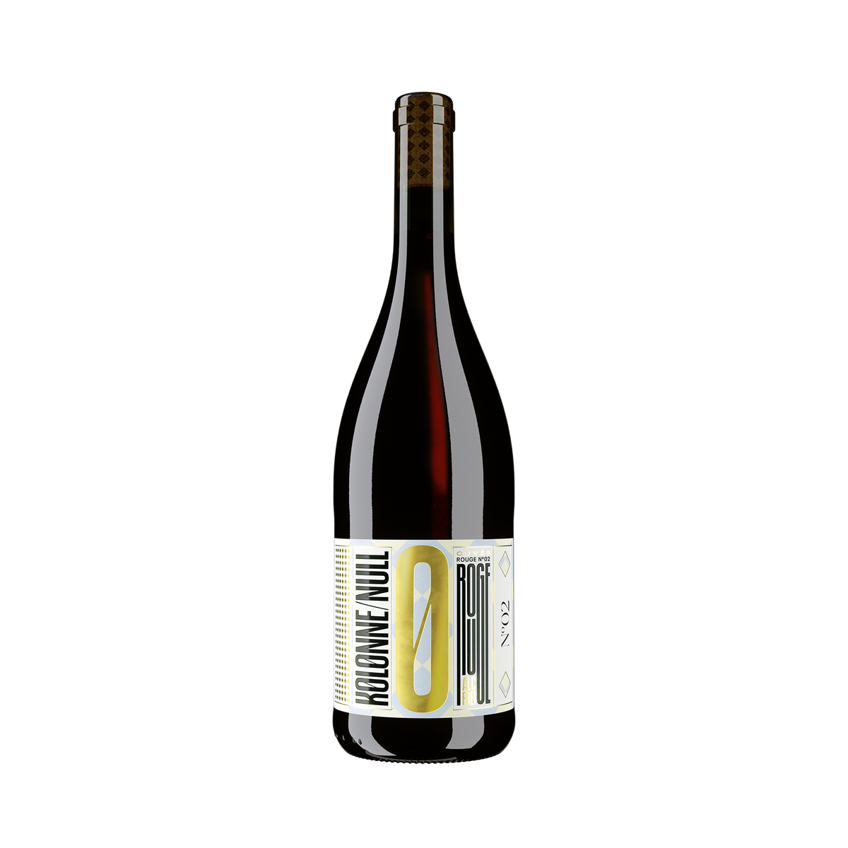Kolonne Null Cuvée Rouge No. 2. Red wine bottle with a gold label