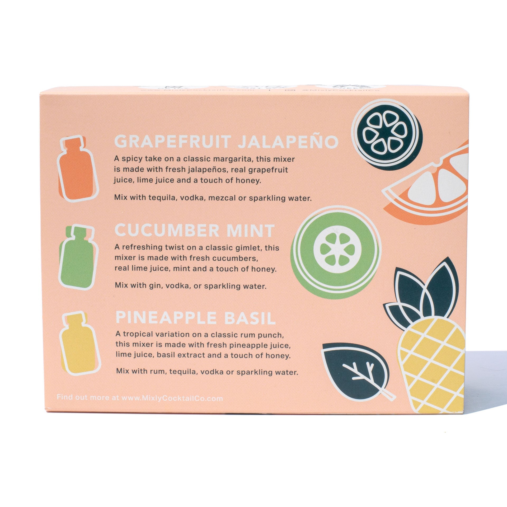 Box with illustrations and text describing different fruit-based mixers on a white background