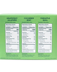 Green box with nutrition facts and ingredient lists for grapefruit jalapeño, cucumber mint, and pineapple basil juices.