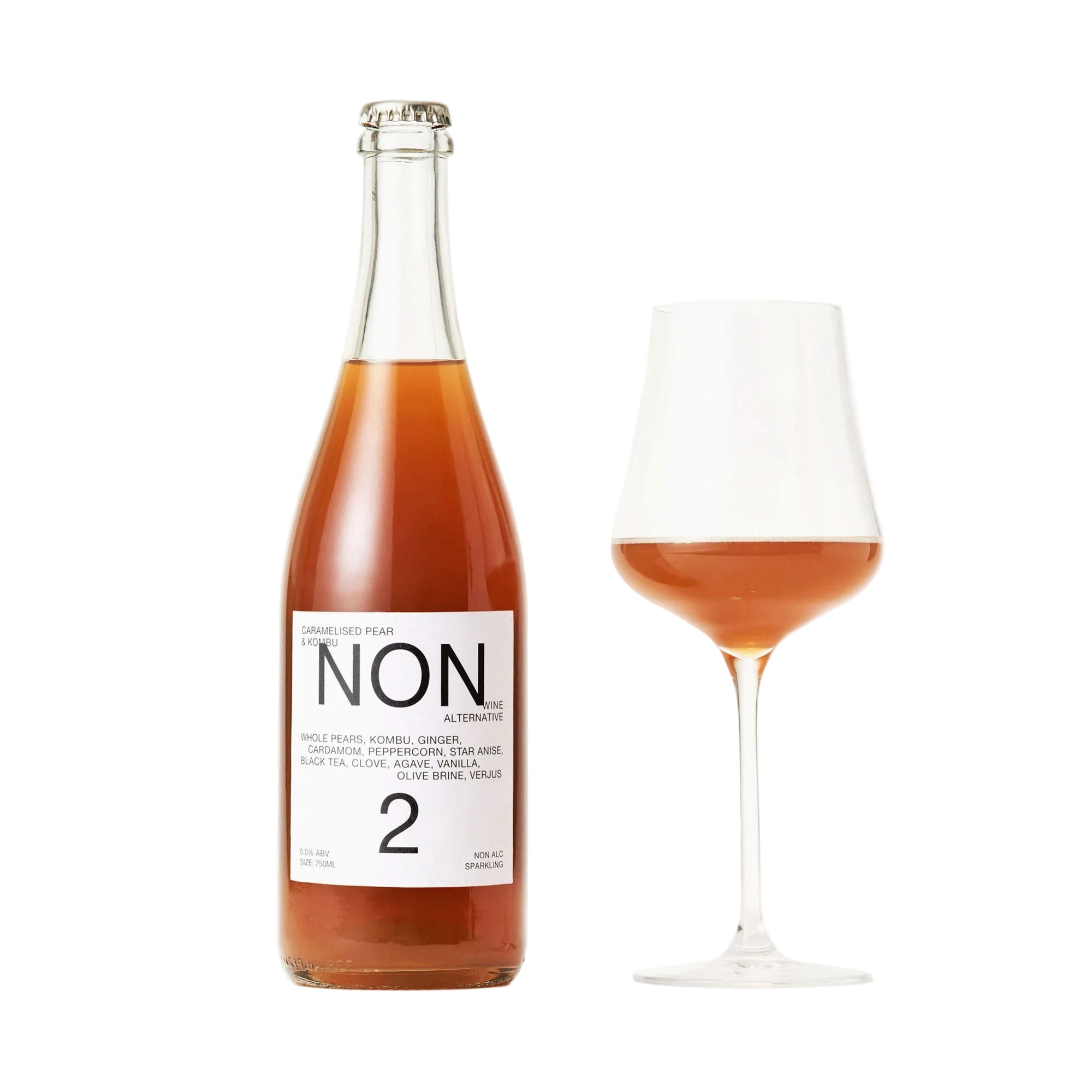 Bottle and glass of NON alcoholic beverage on a white background