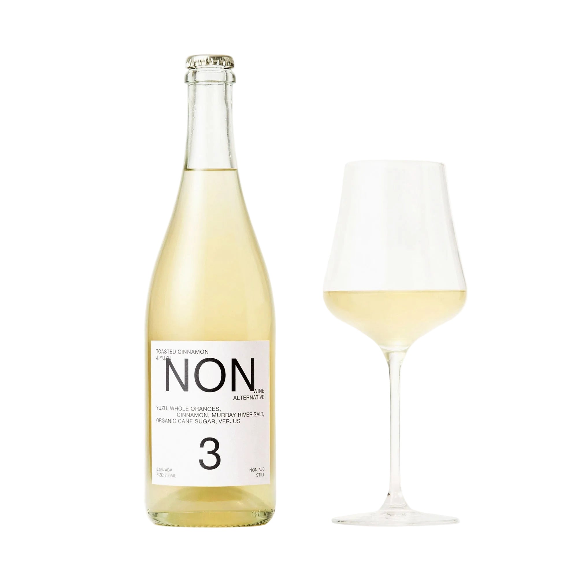 Bottle and glass of white wine with 'NON' label on a white background
