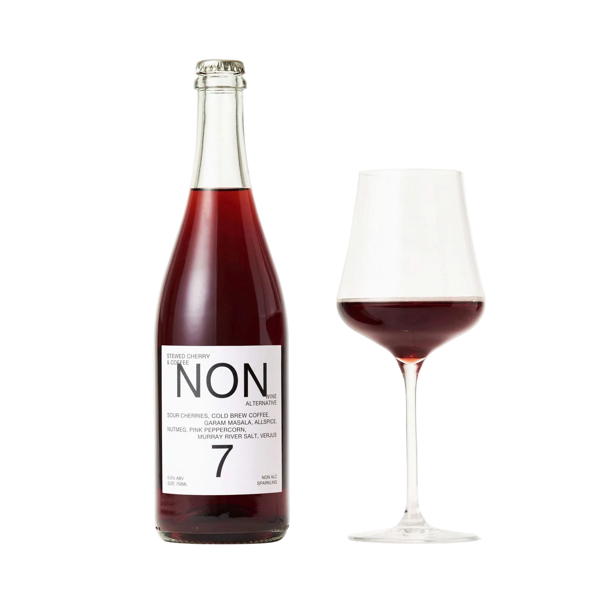 Bottle and glass of red wine with 'NON' label on a white background