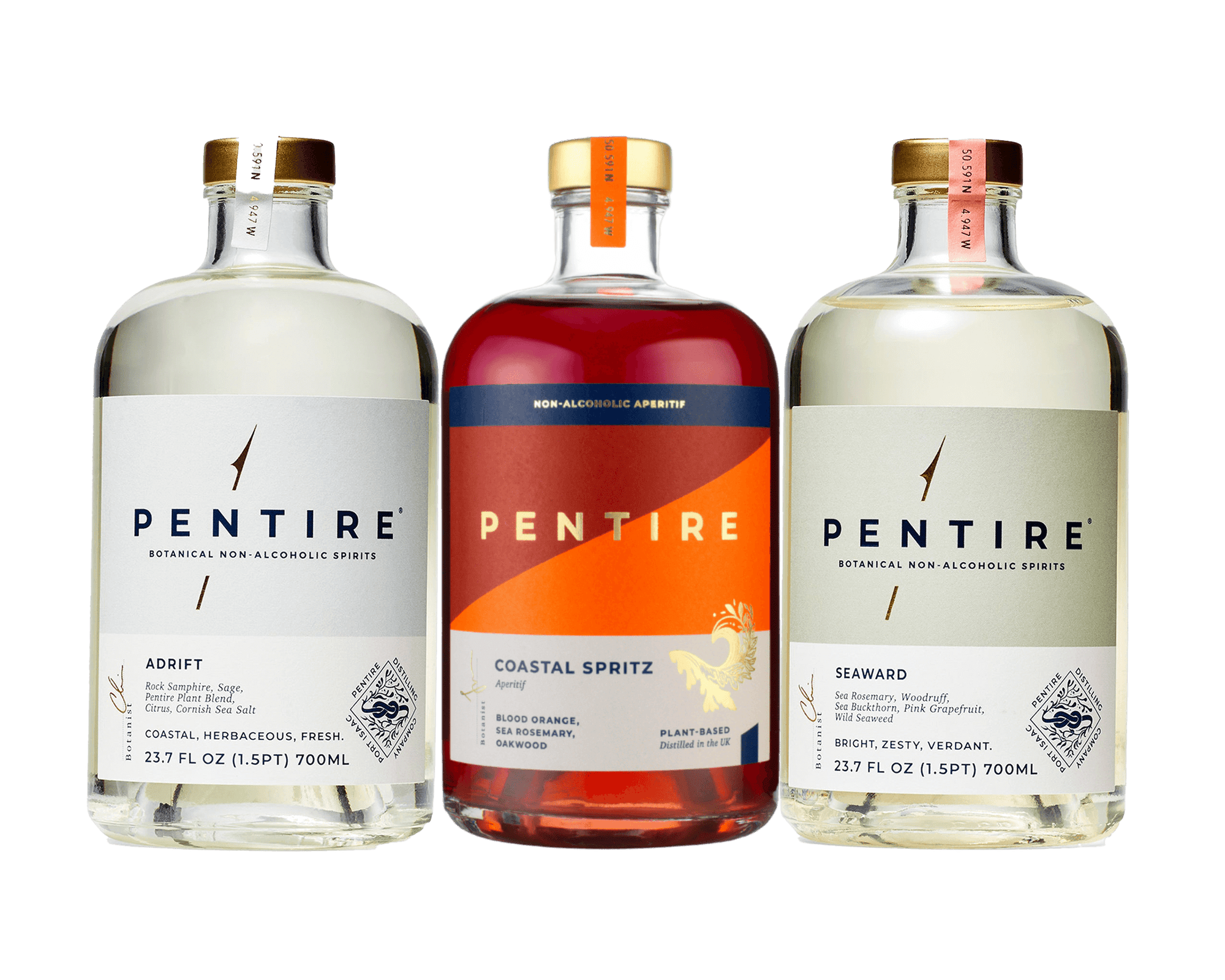 Three bottles of Pentire non-alcoholic spirits on a transparent background