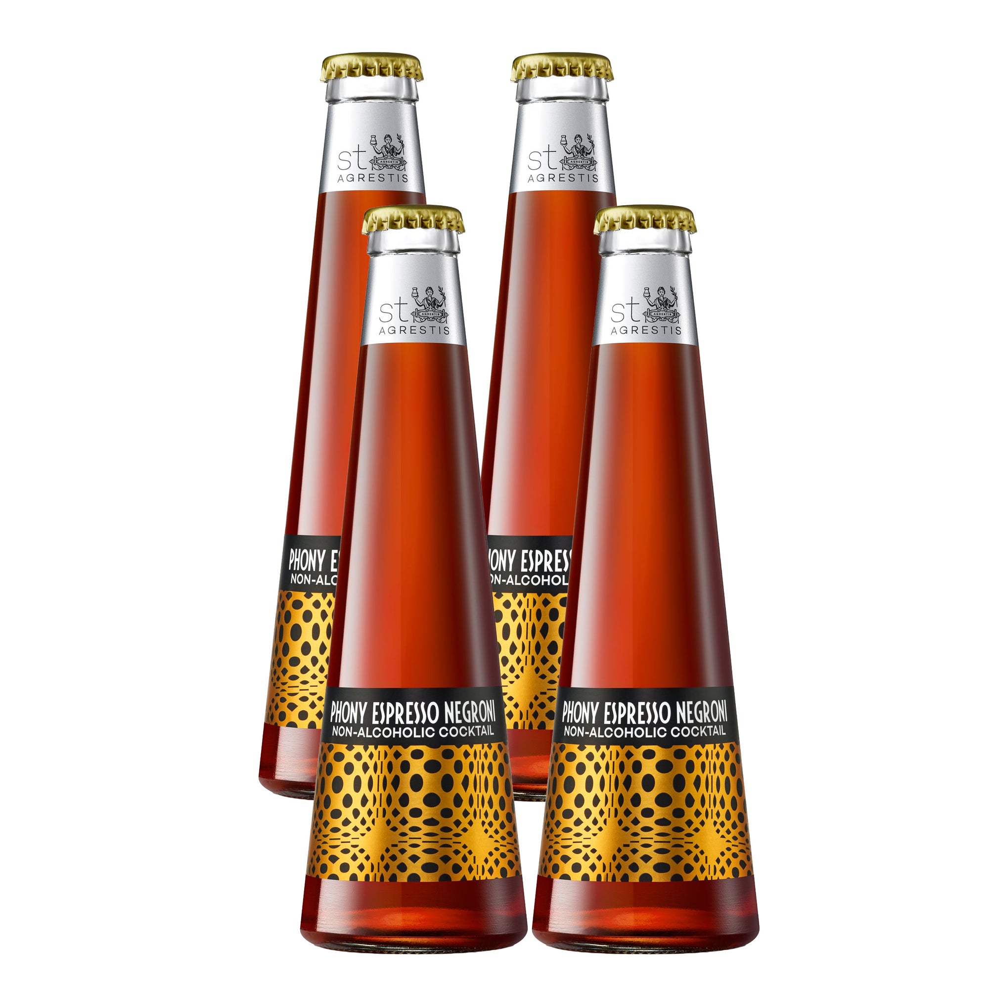 Four bottles of Phony Espresso Negroni non-alcoholic cocktail on a white background