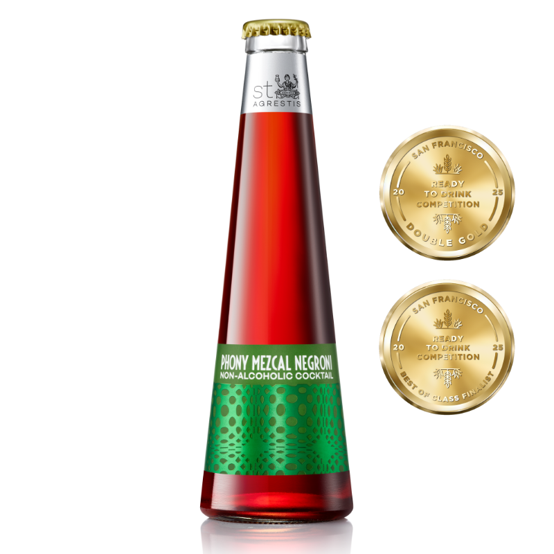 Bottle of Phony Mezcal Negroni with gold labels on a white background