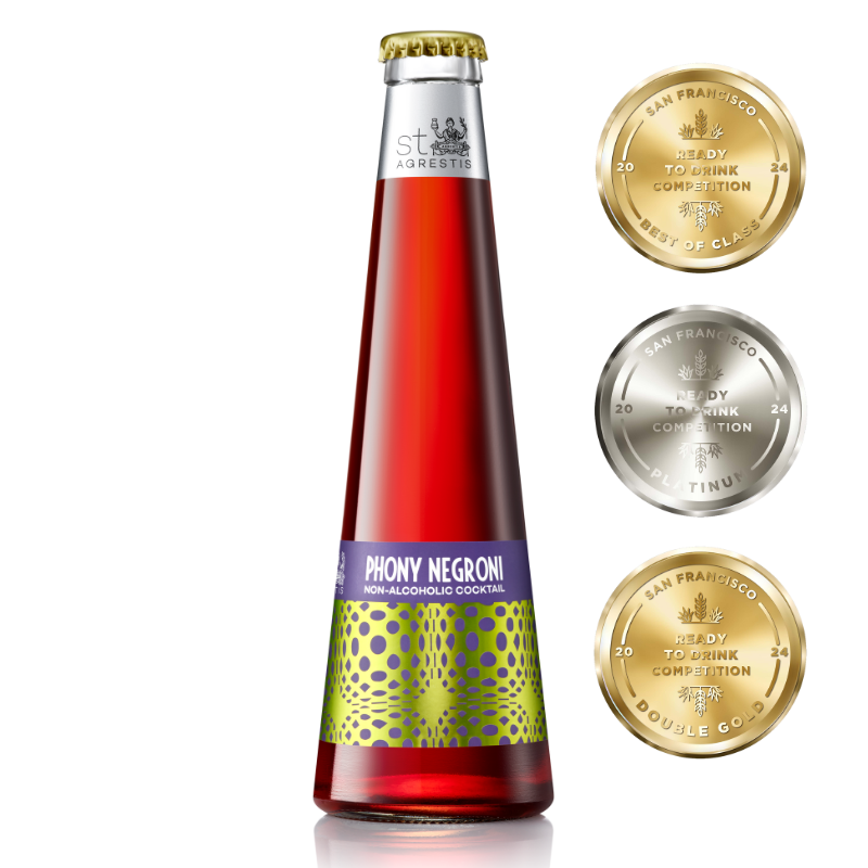 Bottle of Phony Negroni non-alcoholic cocktail with gold and silver awards on a white background