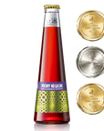 Bottle of Phony Negroni non-alcoholic cocktail with gold and silver awards on a white background