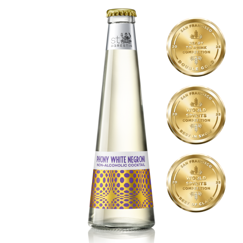 Bottle of Phony White Negroni non-alcoholic cocktail with gold labels on a white background