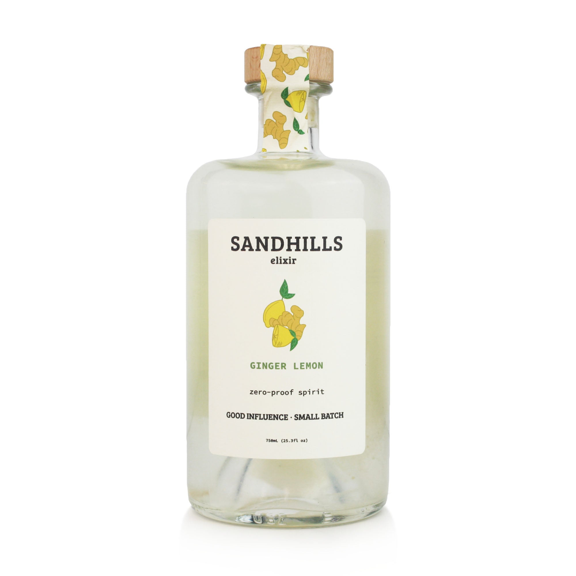 Bottle of Sandhills elixir with ginger lemon flavor on a white background