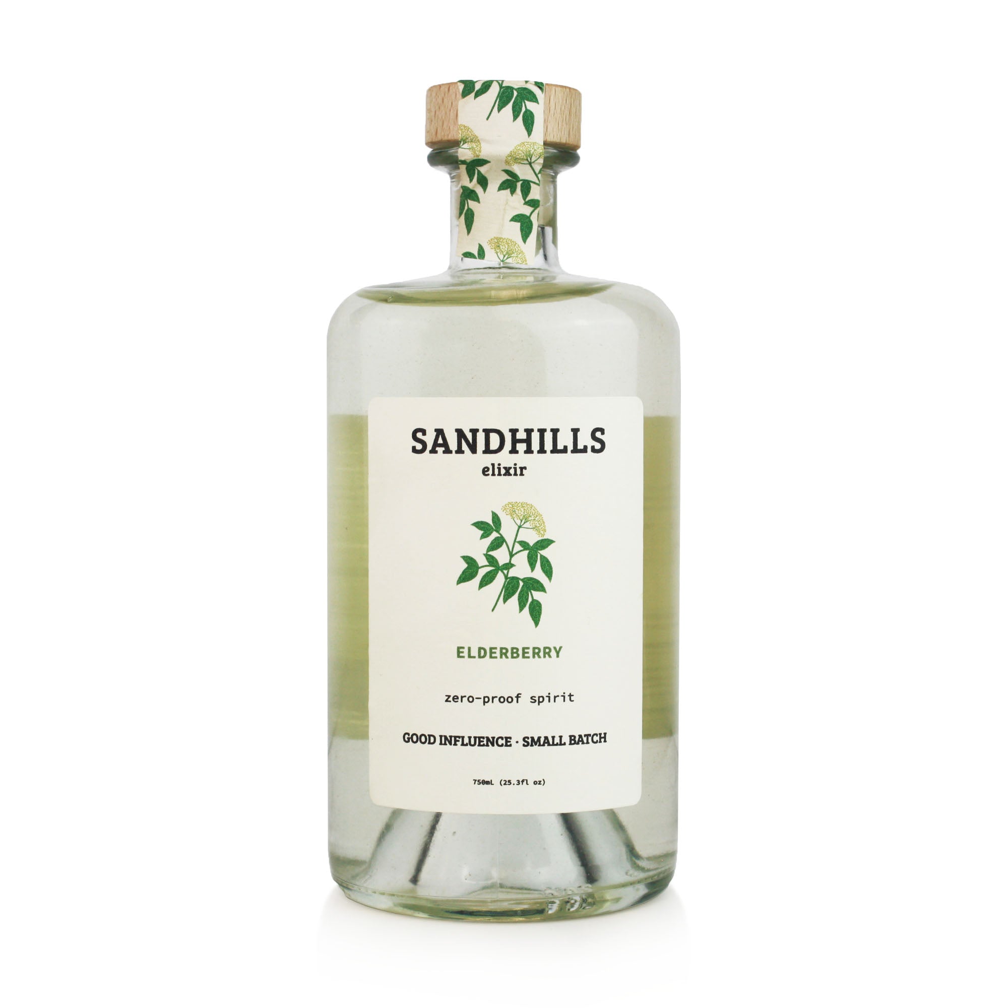 Bottle of Sandhills Elderberry elixir on a white background