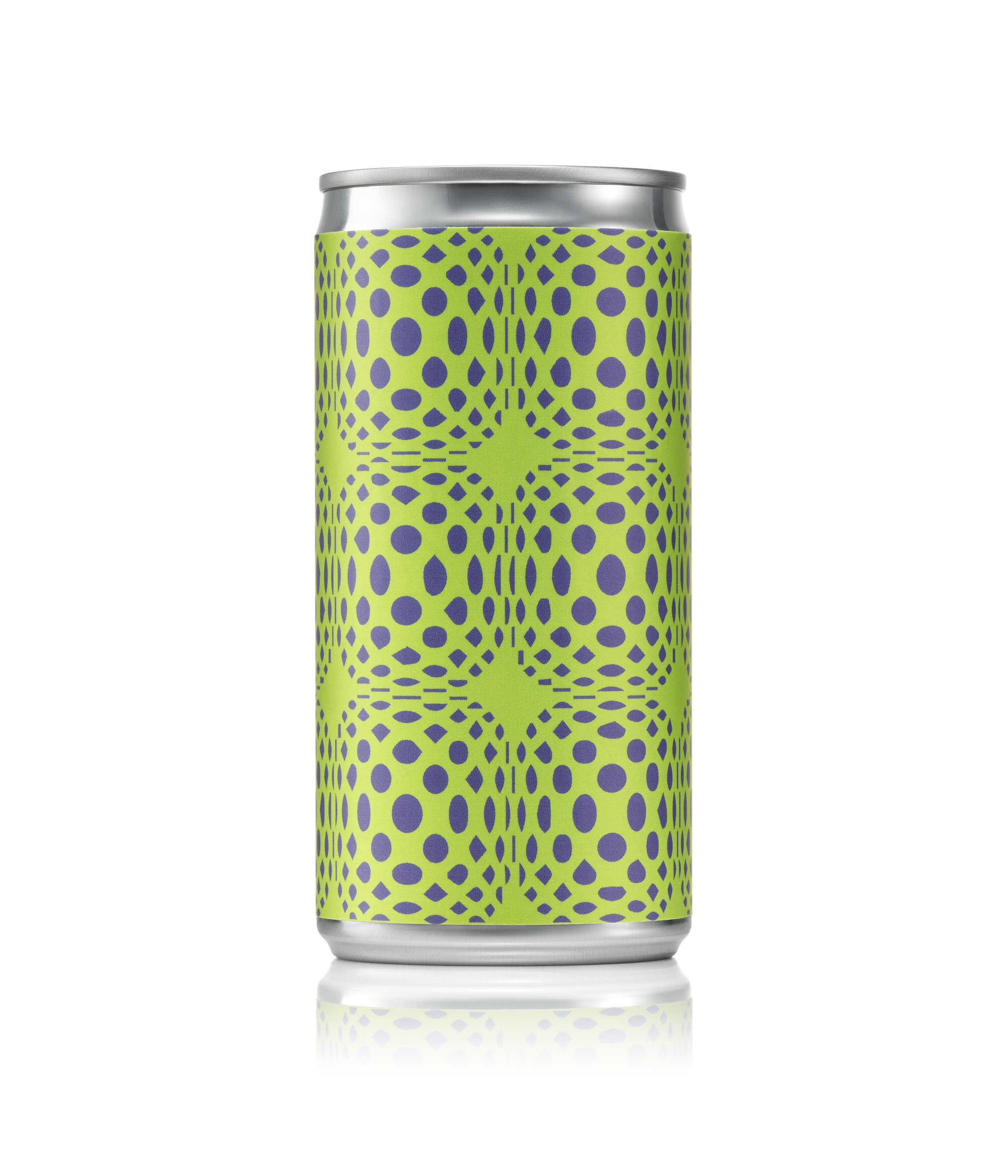 Green can with purple pattern on a white background