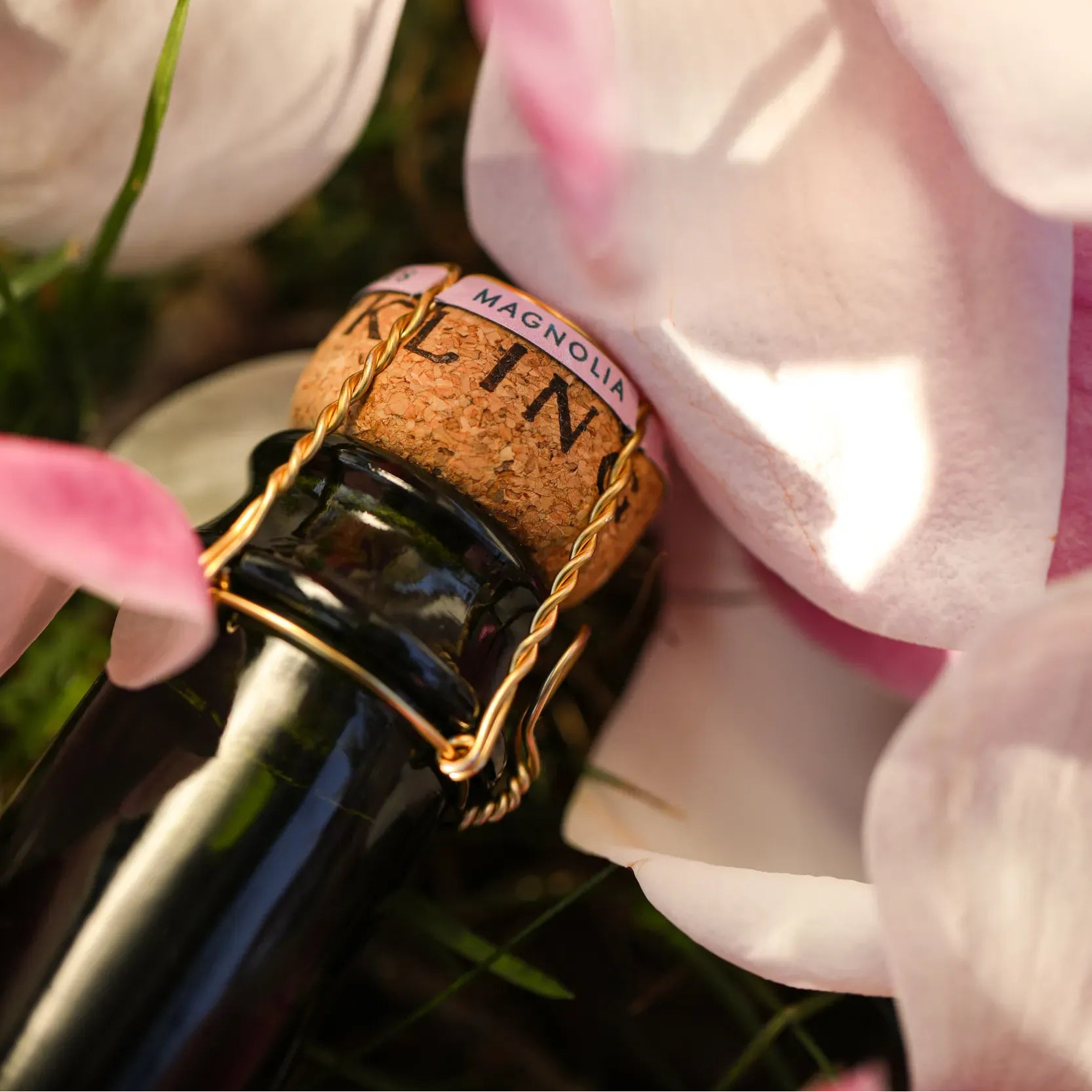 Bottle of champagne with a cork labeled 'CLIN' amidst pink flowers