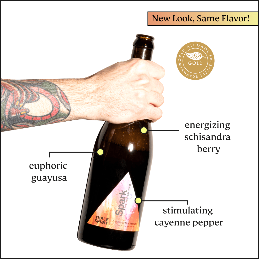 Bottle of 'Three Spirit Spark' with labeled ingredients and a hand holding it, set against a white background.