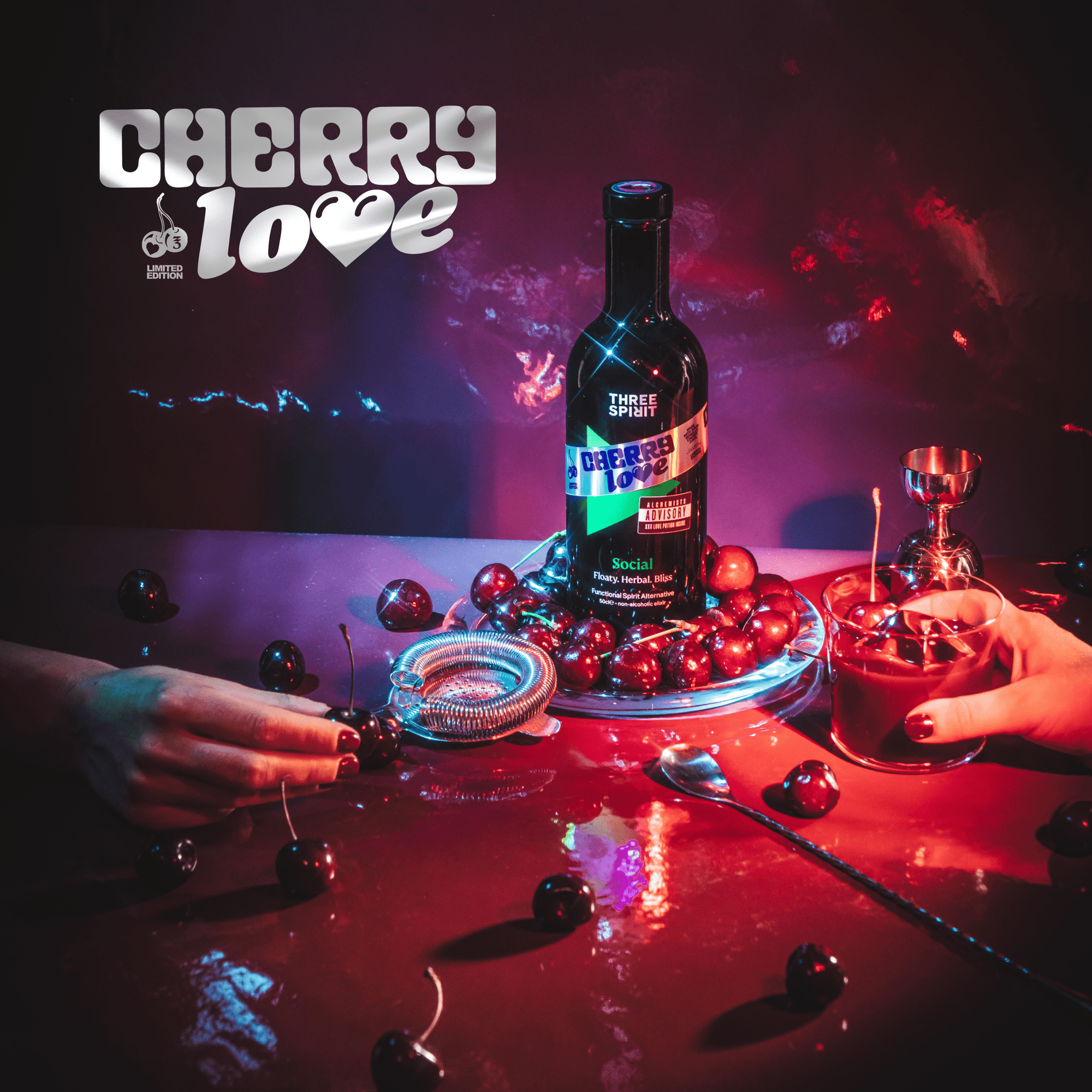 Bottle of Cherry Love liquor on a dark surface with cherries and decorative elements.