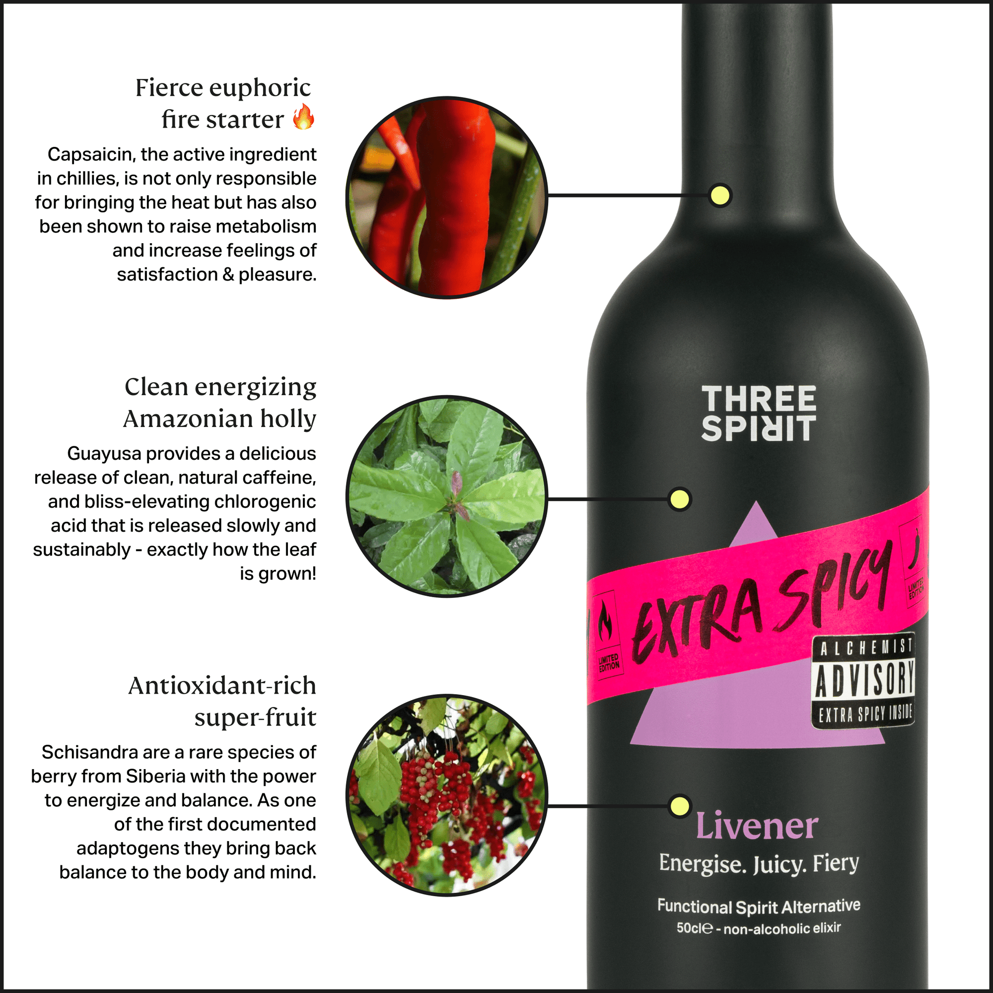 Black bottle of &#39;Three Spirit&#39; Extra Spicy with ingredients and health benefits text on a white background