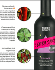 Black bottle of 'Three Spirit' Extra Spicy with ingredients and health benefits text on a white background