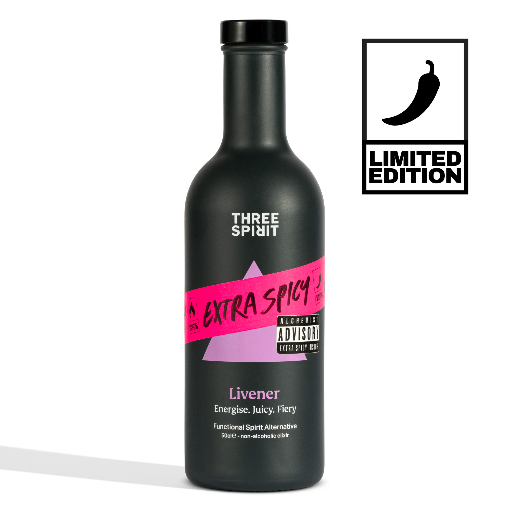 Black bottle of 'Three Spirit' Extra Spicy Livener with pink label on a white background