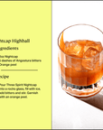Glass of orange cocktail with ice and recipe on a yellow sidebar