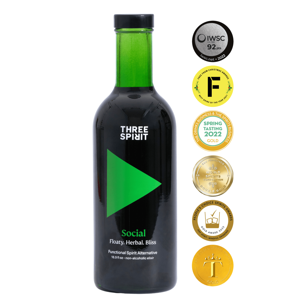 Bottle of &#39;Three Spirit&#39; with certification badges on a white background