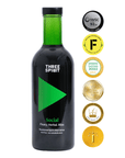 Bottle of 'Three Spirit' with certification badges on a white background