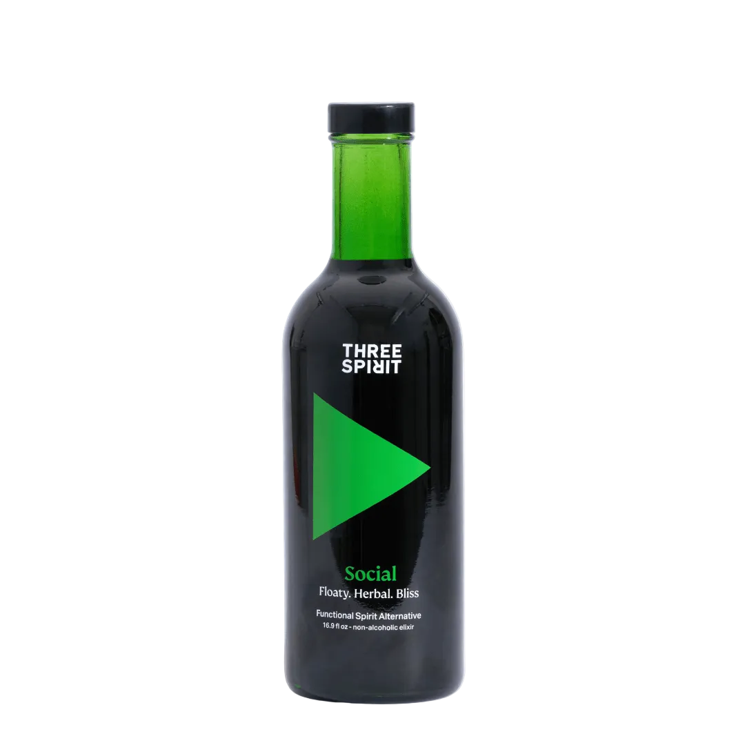 Three Spirit bottle with green triangle logo on a white background