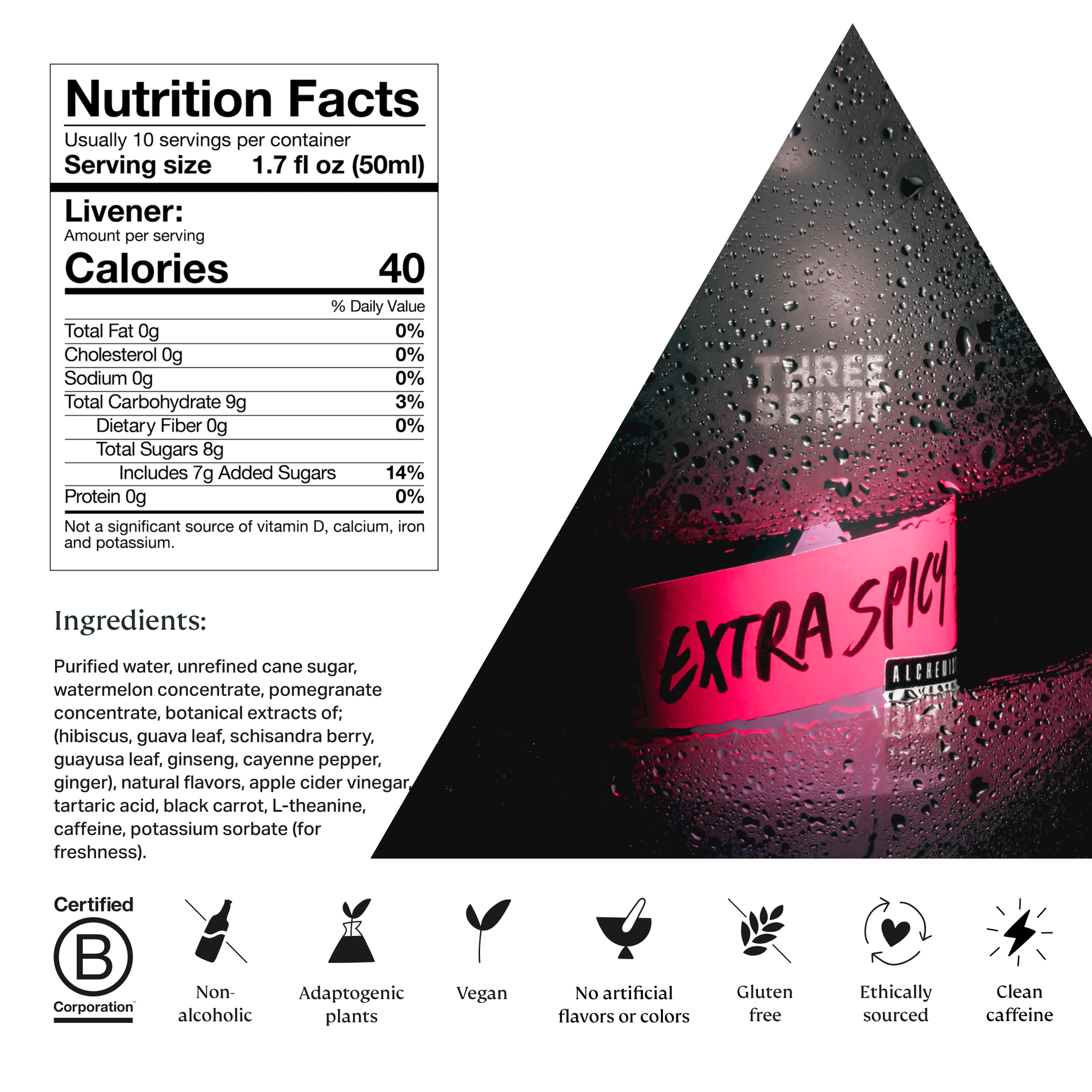Nutrition facts label and ingredients list for a product with a triangular design and 'Three Spirit' branding.
