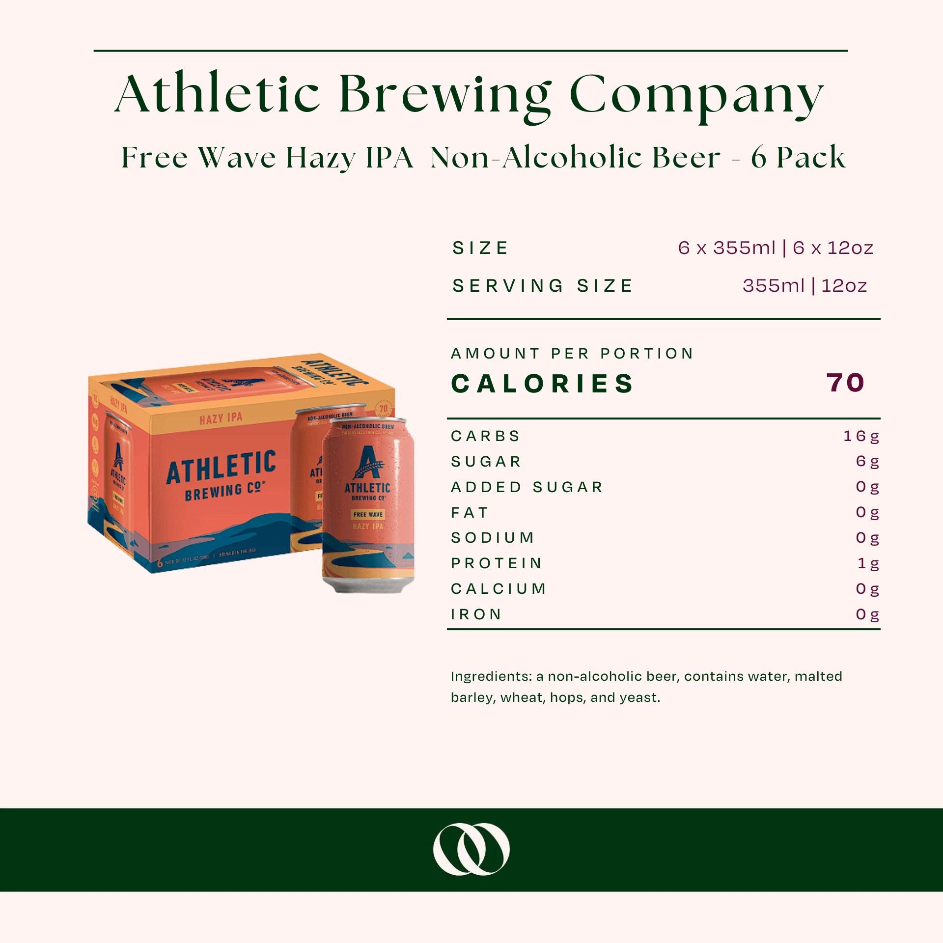 Athletic Brewing Company - Free Wave Hazy IPA - Non-Alcoholic Beer - 6 Pack - Nutrition
