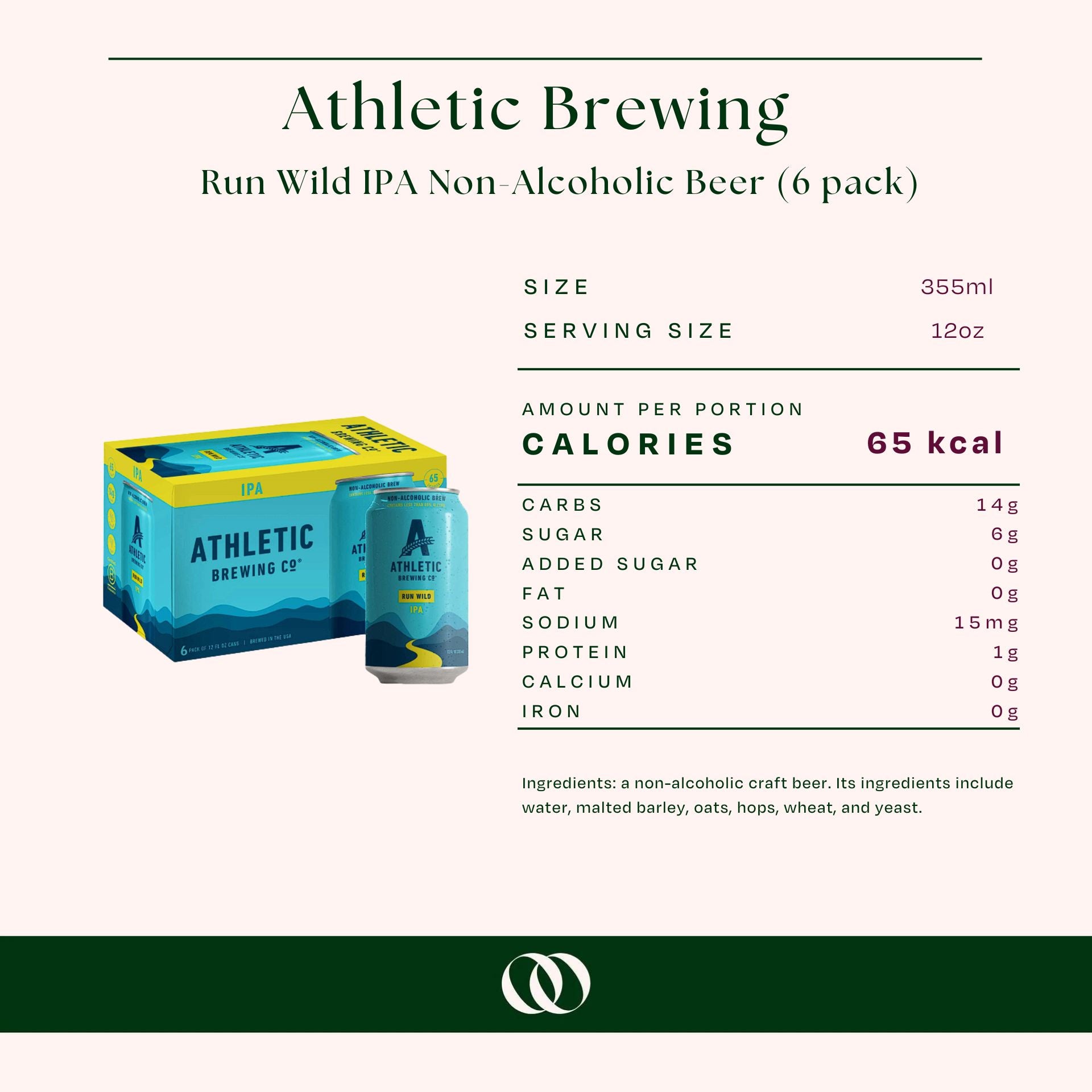 Athletic Brewing Run Wild IPA Non-Alcoholic Beer (6 pack) - Nutrition
