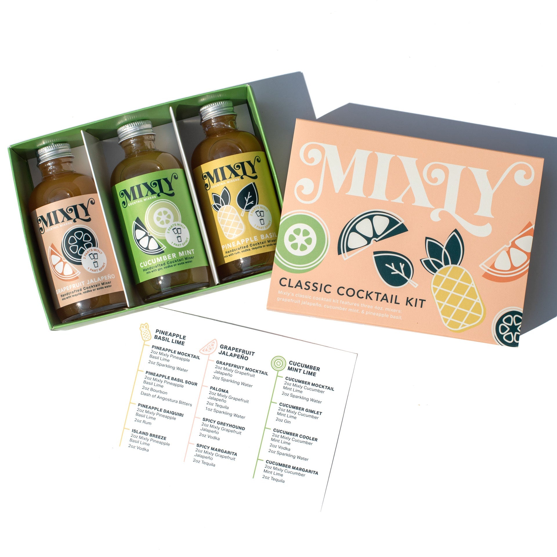 Mixly classic cocktail kit with three bottles and a recipe card on a white background