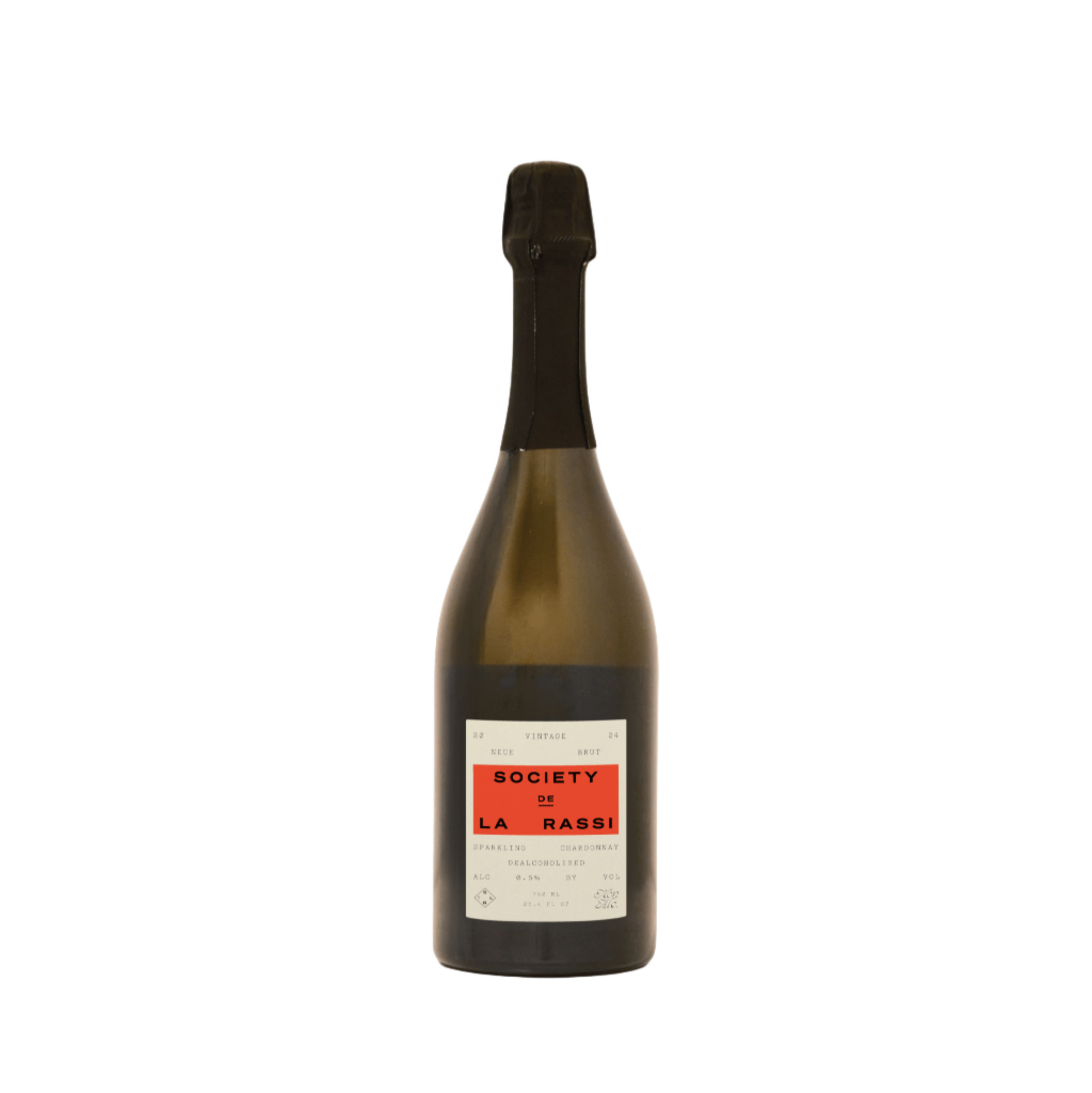 Bottle of Society de la Rassi sparkling wine on a white background