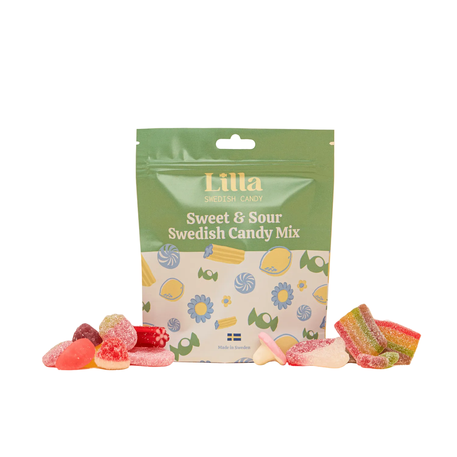 Lilla Sweet & Sour Swedish Candy Mix packaging with candies on a beige background