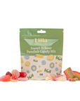 Lilla Sweet & Sour Swedish Candy Mix packaging with candies on a beige background